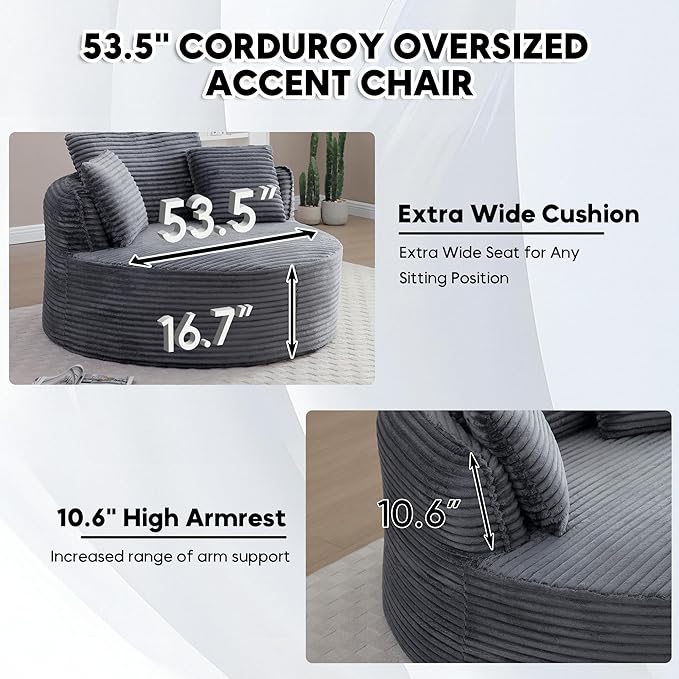 Oversized Round Chair Lounge Chaise Indoor 53.5 Corduroy Boneless Round Chair Fluffy Single Deep Seat Cloud Sofa Chairs Modern Circle Chaise Lounge for Bedroom Living Room Dark Grey