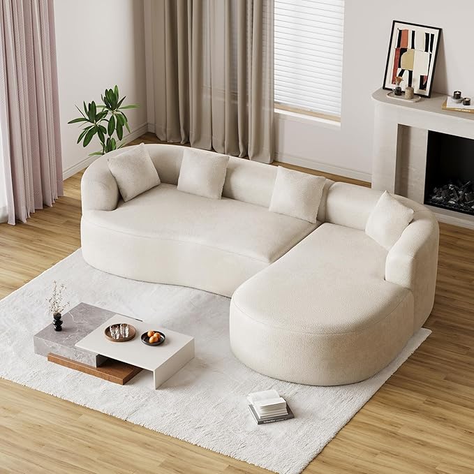 Oversized Sectional Sofa with Right Chaise for Living Room 111 Modern Curved L Shape Cloud Couch with Extra Deep Seat Modern Luxury Chenille 4 Seater No Assembly Required Beige White