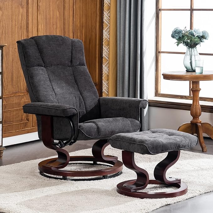 MCombo Manual Swivel Recliner with Ottoman Chair Ottoman Set for RV Small Spaces Living Room Bedroom Office 4919 (Chenille Grey)