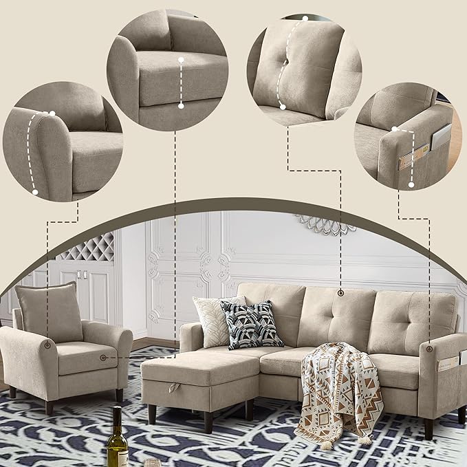 2 Piece Convertible Sectional Sofa Set 3-Seat L Shaped Couch with Storage Ottoman Side Pocket Single Seat Accent Chair Set for Small Spaces Polyester Fibre Beige