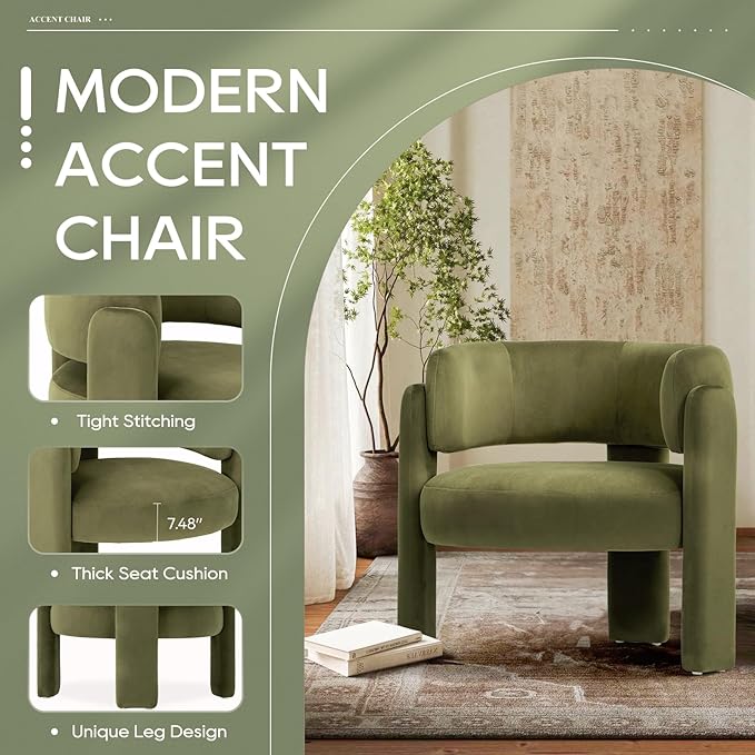 COLAMY Modern Velvet Accent Chair Upholstered Barrel Chair Comfy Side Arm Chair with 3 Legs for Living Room Bedroom Reading Green