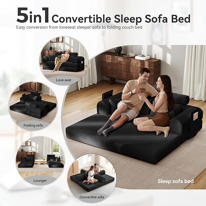 Upgrade High Backrest Design Sofa Bed with Fixed-Shape Frame &amp Removable Armrests and Backrest Corduroy Fabric Convertible Mattress Couch for Small Spaces - No Assembly Needed (High Backrest Bla