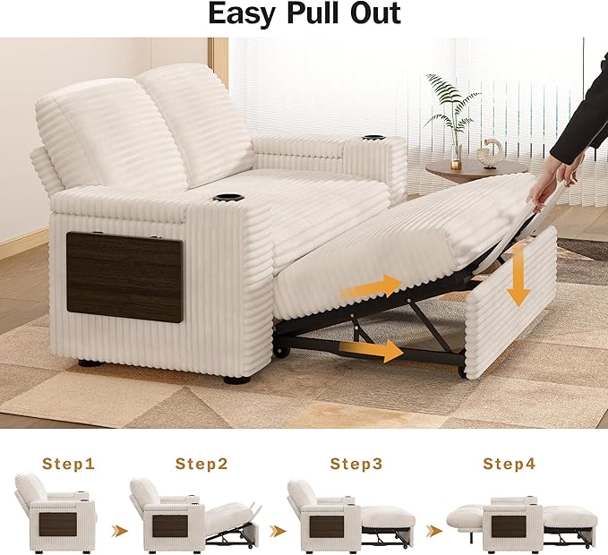 Vipbear 65 Loveseat Sleeper Sofa with Pull Out Bed Plush Corduroy 3-in-1 Convertible Sofa Bed with Reclining Backrest|USB Ports|Cup Holders|Side Table|Storage Armrests Tool Free Assembly Beige