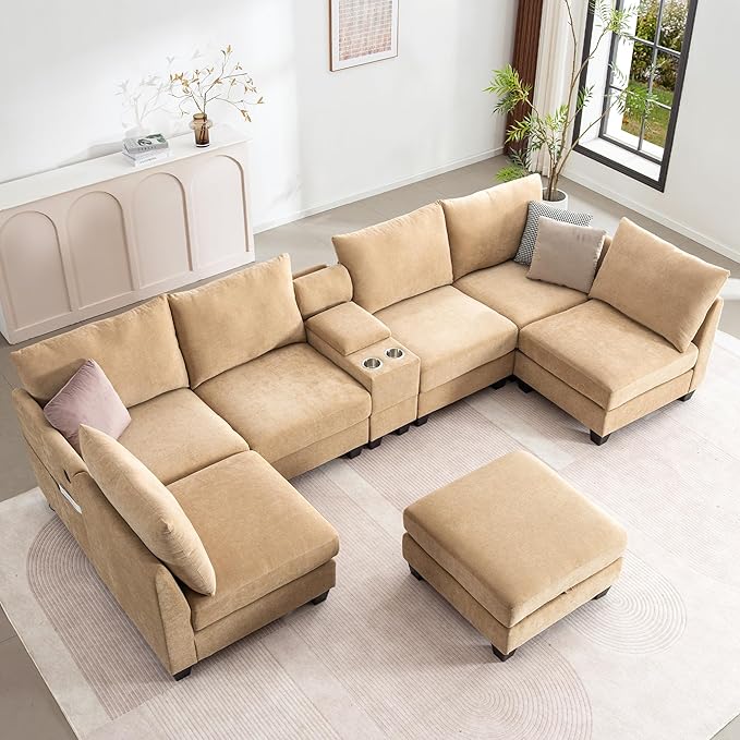 136.4 Modular Sectional Sofa U-Shaped 7 Seater Sectional Sofa with Storage Ottoman Linen L-Shaped Couch Large Cloud Couch with Cup Holders &amp USB for Living Room（Camel