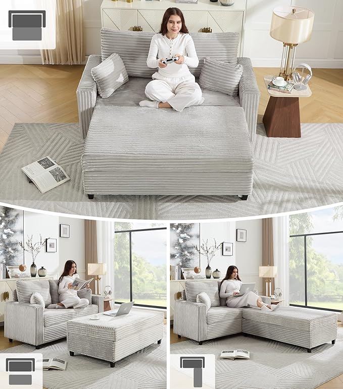 Tbfit 63.4 Oversized Loveseat with Storage Ottoman Comfy Chaise Lounge Chair Indoor Corduroy Sleeper Sofa Bed Modern Upholstered Love Seat Couch for Living Room Bedroom Apartment Grey | Breatha