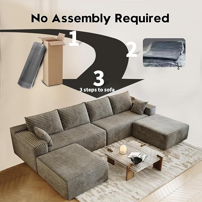 139.4 Modular Sectional Sofa U-Shaped Minimalist Couches with 2 Ottomans Chaise Modern Deep Seat Convertible Sleeper Sofa BedCloud Plush Corduroy Fabric No Assembly Required 6 Seater Camel