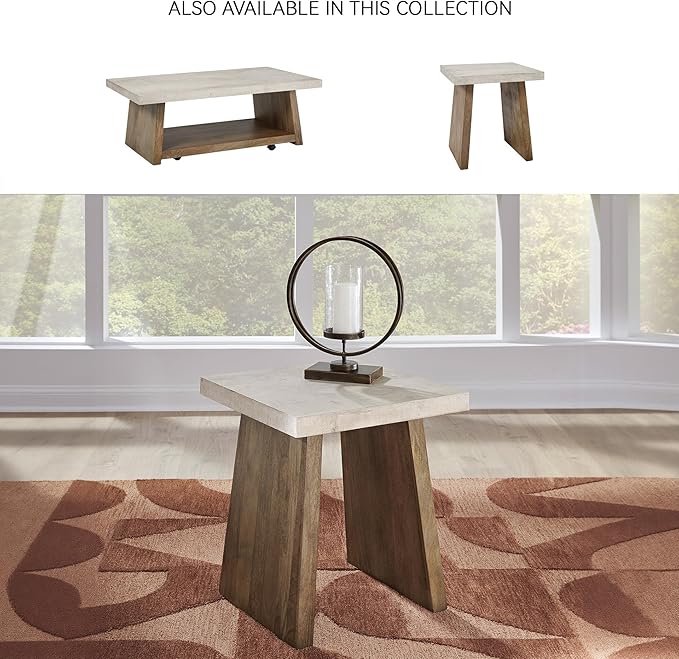 Signature Design by Ashley Brendalhouse Casual End Table with Faux Cement Top and Double Plinth Base Solid Mango Wood Melamine Laminate Casually Cool Design Light Brown &amp White
