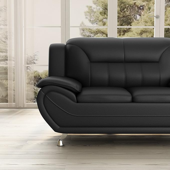 Michael Modern Faux Leather Upholstered Stainless Steel Legs Living Room Loveseat Midnight Black