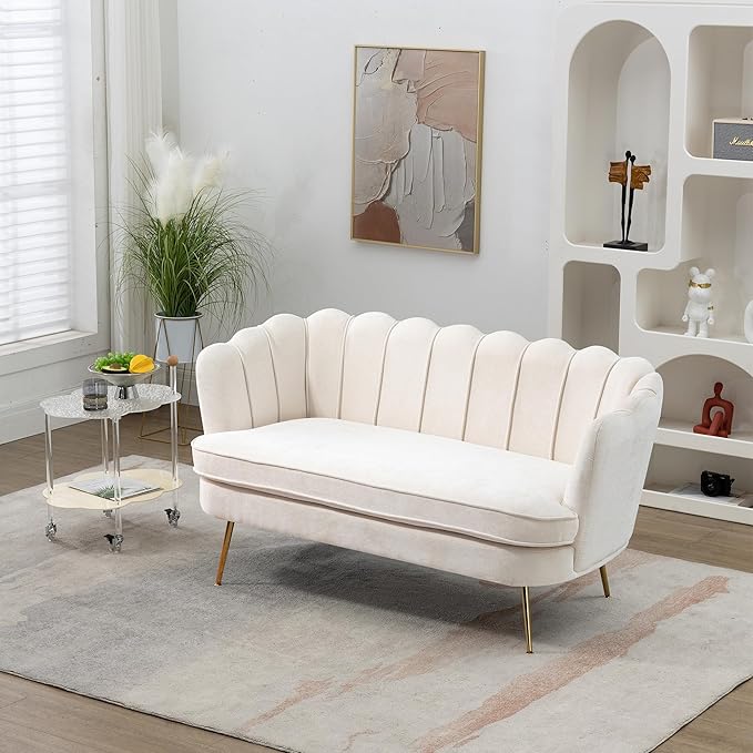 59 Wide Modern Boucle Loveseat Small Sofa Small Mini Room Couch 2-Seater Sofa with Gold Metal Legs for Space Office Studio Apartment Bedroom (Beige)