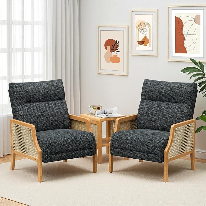 Accent Chair Set of 2 with Rattan Armrest Armchair with Breathable Linen Fabric Upholstered Arm Chair for Living Room Bedroom Dark Gray