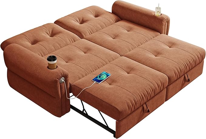 KEIKI 3 in 1 Sleeper Sofa Bed 80.4 Pull Out Couch Loveseat Sofa Futon Bed with USB Port for Living Room Bedroom Apartment Orange