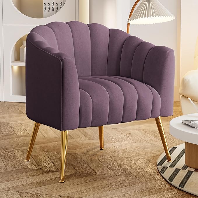Oversized Pumpkin Couch Accent Chair Modern Comfy Velvet Upholstered Barrel Chairs Luxury Single Sofa Armchair for Living Room Waiting Room Office and Vanity (Purple)
