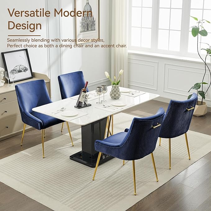 Velvet Dining Chairs Set of 4 Gold LegsUpholstered Velvet Accent Chairs Pleated Back Design &amp Gold Pull Handle Mid Century Modern Chairs for Dining/Kitchen/Living RoomBlue