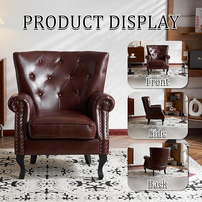 Modern Faux Leather Accent Chair Upholstered Mid-Century Armchair with Solid Wood Legs Single Sofa Chair for Living Room Bedroom or Reading Room（Reddish Brown）