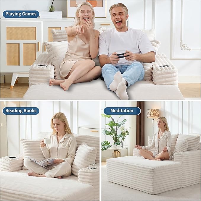 IDEALHOUSE 64 Oversized Chaise Lounge Chair Indoor Upholstered Boneless Sofa Bed with Throw Pillows Cup Holders and Armrests Comfy Corduroy Sleeper Couch for Living Room Bedroom Office (Beige)