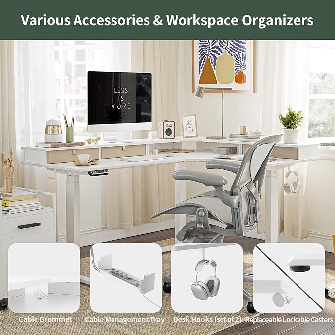 FEZIBO 63 Triple Motor L Shaped Standing Desk with 3 Drawers 330LBS Electric Standing Gaming Office Desk L Shape Pure White