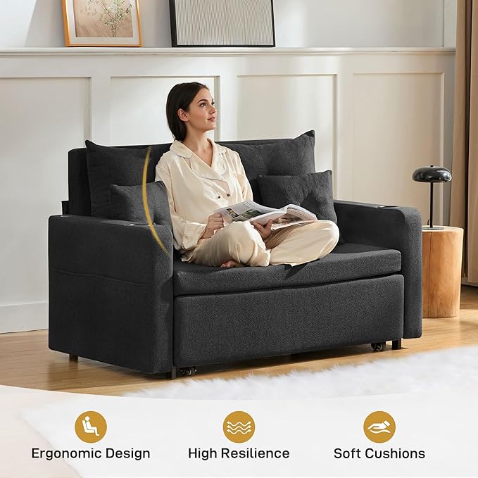 Sleeper Sofa Bed Convertible Pull Out Couch 56 Full Size Loveseat Sleeper Sofa with 4 Pillows Pocket &amp USB Small Couch Bed for Small Spaces Bedroom Apartment Living Room Linen Black
