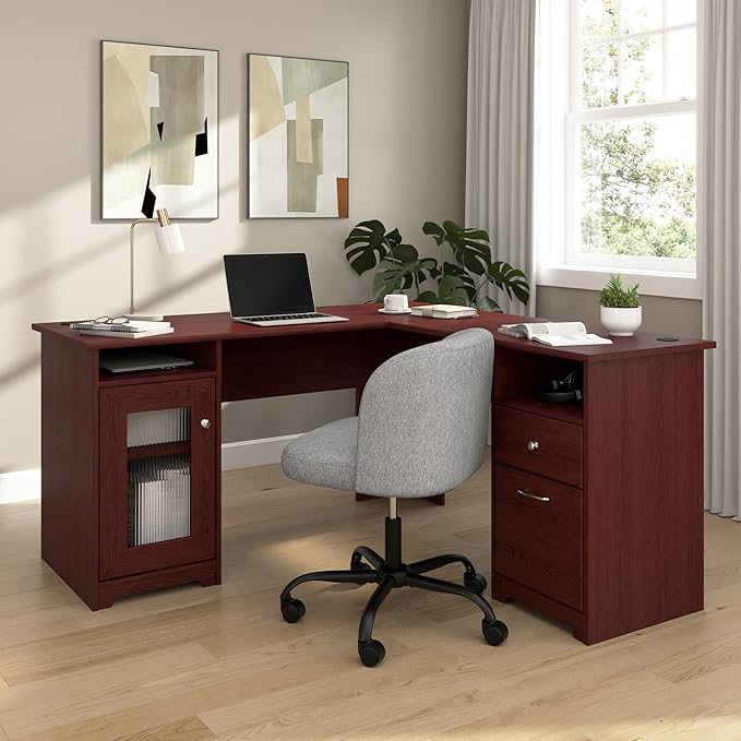 Bush Home Cabot 60W L Shaped Computer Desk with Storage in Harvest Cherry 60-inch Corner Table with Drawers for Home Office Workspace