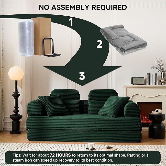 79 Sofa Bed Deep Seat 32 Sleeper Sofa 5-in-1 Convertible Sofa Bed Boneless Couch in a Box Corduroy Floor Futon with Thickened backrest and Headrest Pillows Side Pockets Olive Green