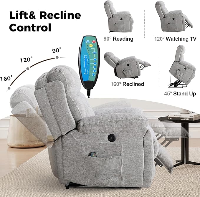 2 Power Lift Recliners with Massage and Heat for Elderly Electric Lifting Recliner Chair with Cup Holders &amp USB Port Oversized Single Reclining Sofa Set of 2 with Side Pocket Light Grey