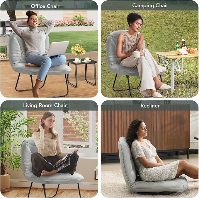 Furniliving 3 in 1 Folding Chair Foldable Floor Chair for Reading Lounging &amp Gaming Portable Camping Chair with Metal Frame Comfy Accent Chair Indoor Reading Chair for Living Room PU (Grey)