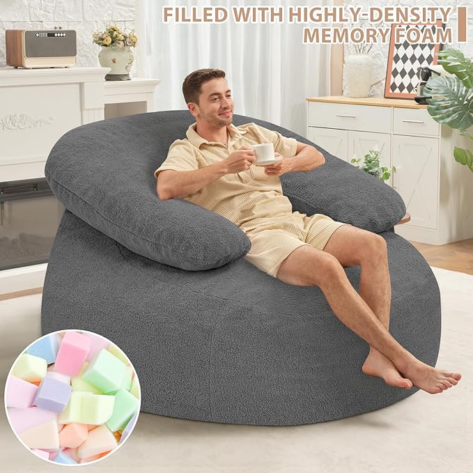 HABUTWAY Giant Bean Bag Chair Oversized Beanbag Chair with Filler Ultra Soft Teddy Fleece Bean Bag Lounge Floor Sofa w/U-Shaped Pillow for Gaming Reading Grey &amp Grey