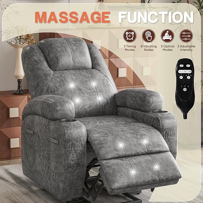 Electric Power Lift Recliner Chair with Massage for Elderly Corduroy Fabric Recliner Single Sofa with Cup Holders Side Pockets and Remote Control for Living Room Bedroom (Leathaire Light Gray)