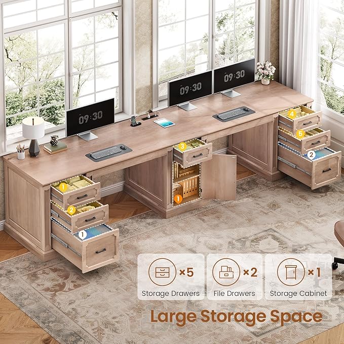 SEDETA Farmhouse 110.3 Two Person Desk with 7 Drawers Long Computer Desk with Storage Cabinet 2 Person Desk with Power Outlets for Home Office Natural Oak