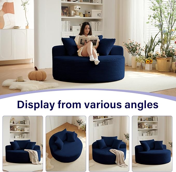 55''L Oversized Round Chaise Longue Chair Indoor Corduroy Sponge Single Sofa Oversized Round Chairs Modern Sleeper Chair for Living RoomProjection Room Wide Armrest Chairs Blue