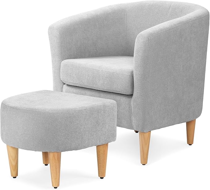 Athena Collection Modern Accent Chair with Ottoman Linen Barrel Sofa Chair Comfy Upholstered Armchair Reading Chair with Thickened Seat Cushion for Bedroom Living Room Gray