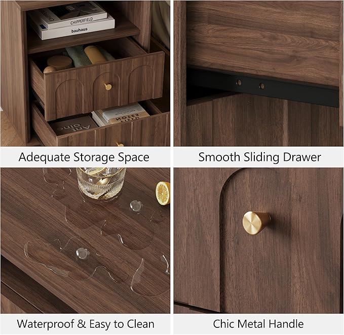 Nightstand with Charging Station Mid Century Modern Nightstand with Arched Design Minimalist End Table with Wood Grain Texture Bedside Table for Bedroom Living Room Sofa Office Walnut