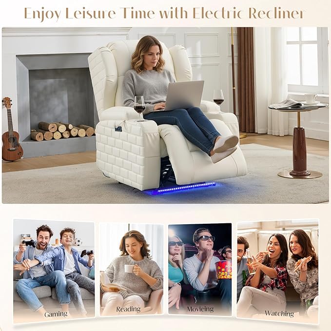 Wall Hugger Power Recliner Chair with Massage &amp Heat Electric Home Theater Reclining Chair with Cup Holder USB Port LED Light Faux Leather Living Room Chair (Beige White Single)