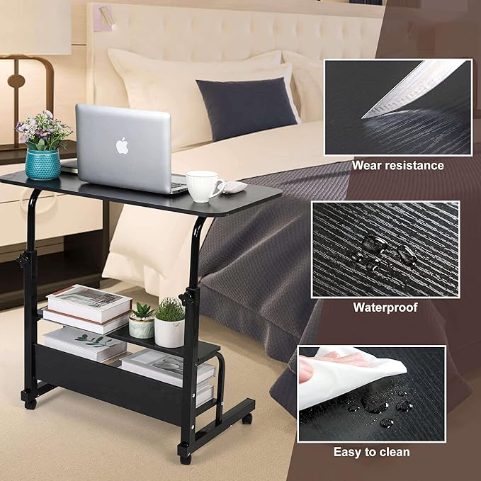 Home Office Desk Movable Bedroom Adjustable Table Modern Small Study Laptop Computer for Living Room Couch Portable Spaces with Wheels Storage Furniture 31.5x15.7 Black