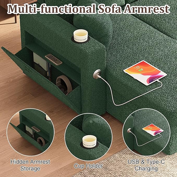 Sleeper Sofa Bed 4-in-1 Pull Out Couch with Reversible Chaise | Dual USB &amp Type-C Charging | Dual Cup Holders | Layered Storage (Armrest + Chaise) for Living Room (Classic Green)