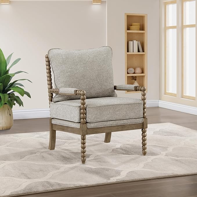 OSP Home Furnishings Fletcher Spindle Accent Chair with Rustic Brown Finish Fog Beige Upholstery
