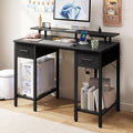 Black Computer Desk with Drawers 42 Inch Home Office Desk Study Writing Table Gaming Desk with USB Power Outlets Office Desk with Fabric Drawer Work Table with Shelf for Bedroom Black