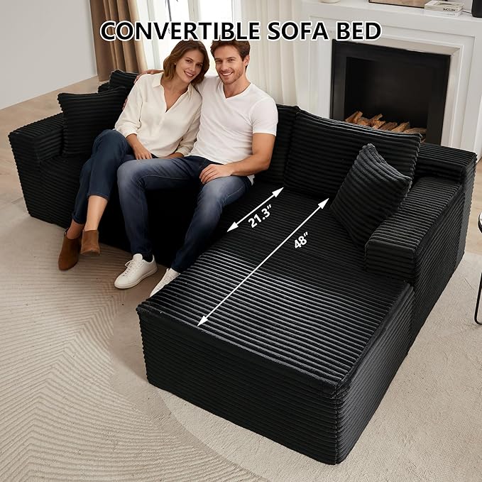 Aoowow 103.2 L-Shaped Cloud Sectional Sofa with Deep Seat Corduroy Modular 4 Seat Couches Sleeper Sofa for Living Room Bedroom Apartment No Assembly Required Dark Grey