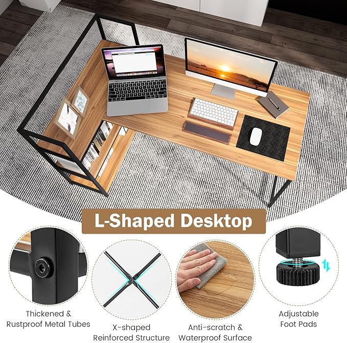 COSTWAY 59 Inch L-Shaped Computer Desk Large Reversible Corner Desk with Open Storage Shelves Space-Saving Writing Study Table PC Laptop Gaming Desk for Home Office (Black + Walnut)