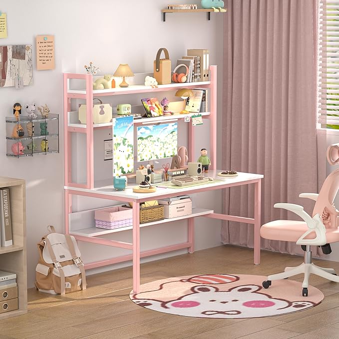 Aquzee Pink Desk with Hutch for Girls 55in Computer Desk with Bookshelf for Teens Adults Craft Table for Bedroom Kids Room White Pink Study Table with Shelves for Storage