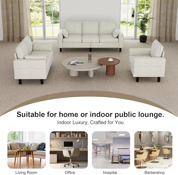 kinbor 3-Seater Couch - Big Comfy Sofa with Magazine Pockets &amp Detachable Cover Durable Foam Couch for Living Room Office Salon Creamy White