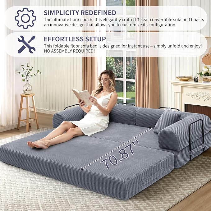 Convertible Sleeper Sofa Bed 1600lbs Weight Capacity Floor Sofa Bed with Fixed-Shape Frame Corduroy Foldable Couch for Small Space Lounge Mattress for Living Room Apartment Game Room (Dark Grey)
