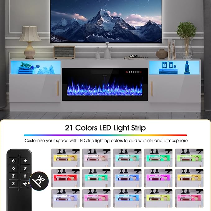 AHB Fireplace TV Stand 80 Inch LED Light Entertainment Center with 36 Electric Fireplace Storage Cabinet and Door Handles Media Console Table for TVs Up to 90 Inches Ideal for Living Room