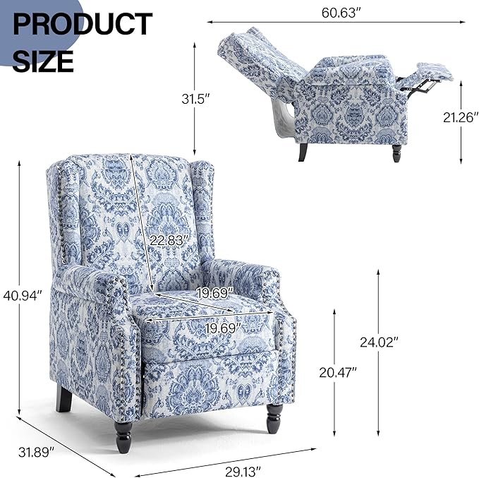 Recliner Chair Upholstered Wingback Floral Pushback Armchair with Adjustable Backrest &amp Footrest Comfy Accent Chair Reading Single Sofa for Small Spaces Living Room Bedroom (Navy Blue Set of