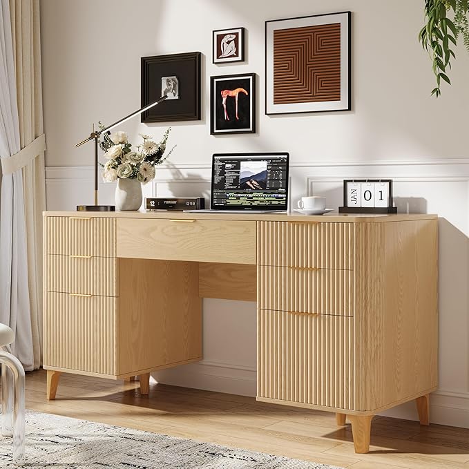 55.1 Fluted Executive Desk with Drawers Wood Computer Desk with Storage Cabinet Home Office Desk with Charging Station Farmhouse Desk with File Cabinet for Office Home