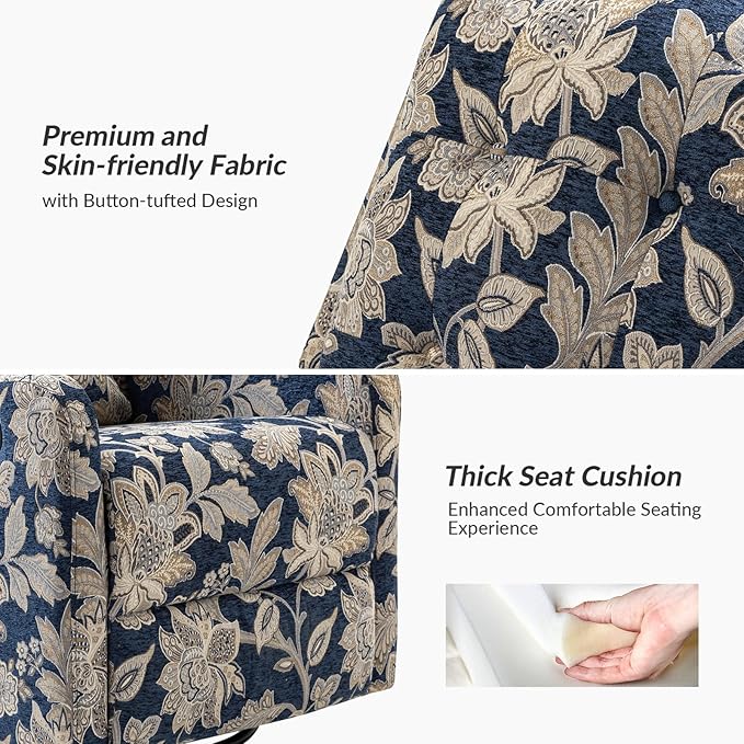 HULALA Home Recliner Chair Modern Printed Fabric for Living Room Wingback Rocker Recliner Sofa Comfy Armchair 360 Degree Swivel Nursery Rocking Chairs with Adjustable Backrest &amp Footrest/Navy