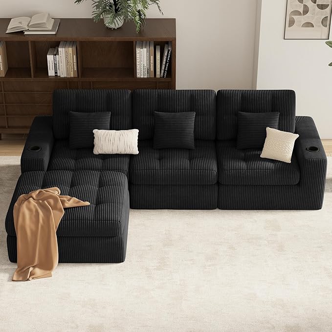 112 L Shaped Cloud Boneless CouchModern Modular Sectional Sofa with Layered CushionNo Assembly Convertible Corduroy Couches for Living RoomBlack 1 PCS