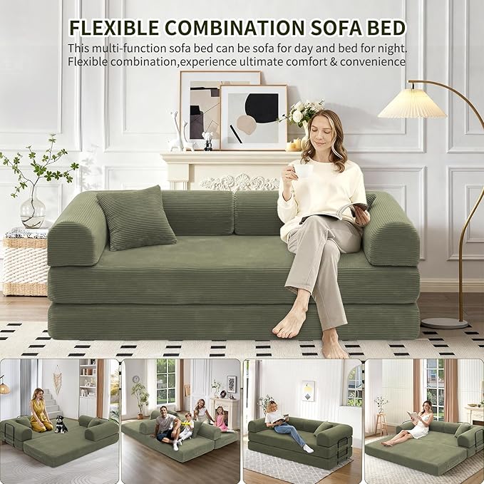 Convertible Sleeper Sofa Bed 1600lbs Weight Capacity Floor Sofa Bed with Fixed-Shape Frame Corduroy Foldable Couch for Small Space Lounge Mattress for Living Room Apartment Game Room (Green)