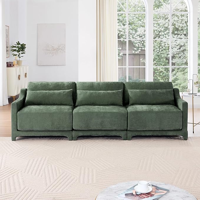 Modular Sectional Sofa Set Optional 2-4 Seater with Lumbar Pillows &amp 0-2 Ottomans Chenille Fabric Ergonomic Easy Assembly for Living Room/Bedroom/Reading Nook (3 SeatGreen)