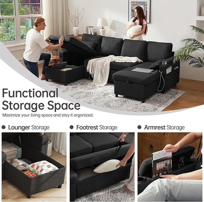 DURASPACE Sofa Bed Pull Out Couch Sleeper with Double Storage Chaise U Shaped Convertible Sectional Sleeper Sofa for Living Room with USB Charging Ports Cup Holder (Dark Gray)
