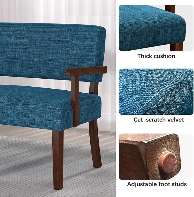 Accent Chair 2 Seat Upholstered Reading Leisure Chair Bench with Solid Wood Frame for Dining ReadingWaiting Rooms (Blue)